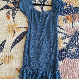 Blue Smocked Maternity Dress with Ruffle Hem